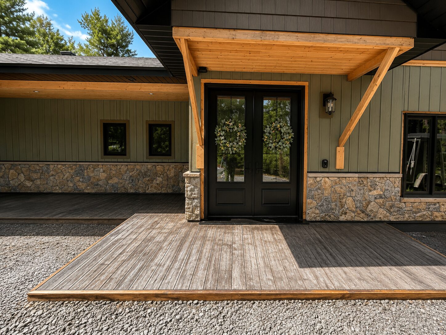 Concrete front entry pad beneath a timber porch